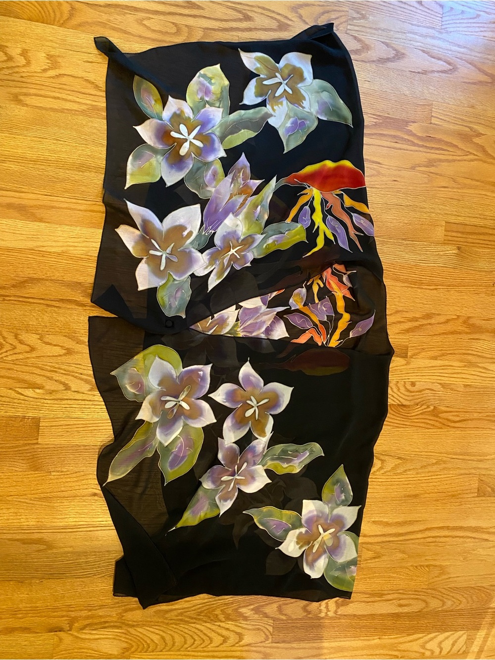 Black Floral Silk Wrap with Hand-Painted Lilies, Magnetic Closure